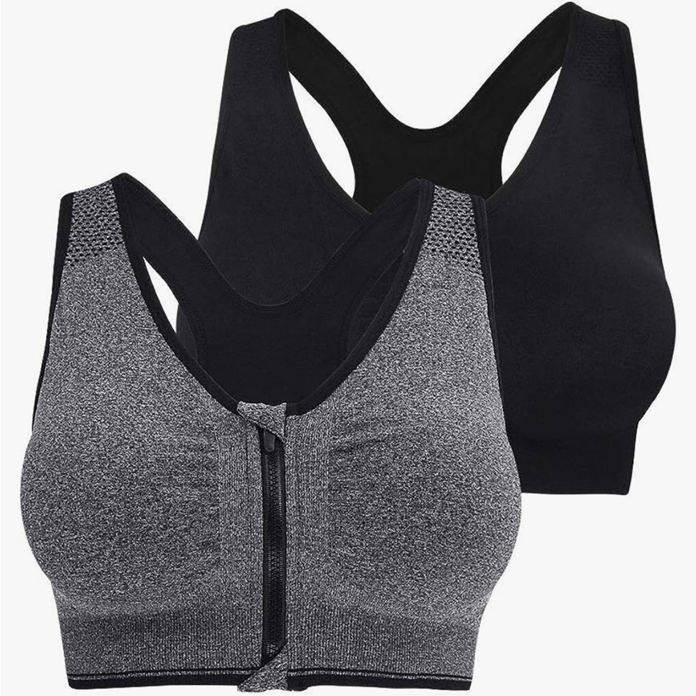 Amazon Women’s Front-Zip Racerback Sports Bras - Black & Gray